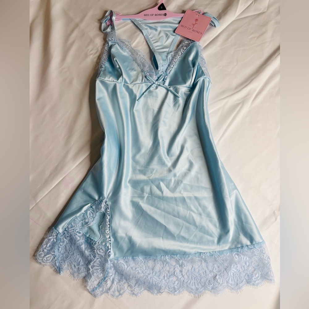 Baby Blue Satin Lace Chemise Set | NWT